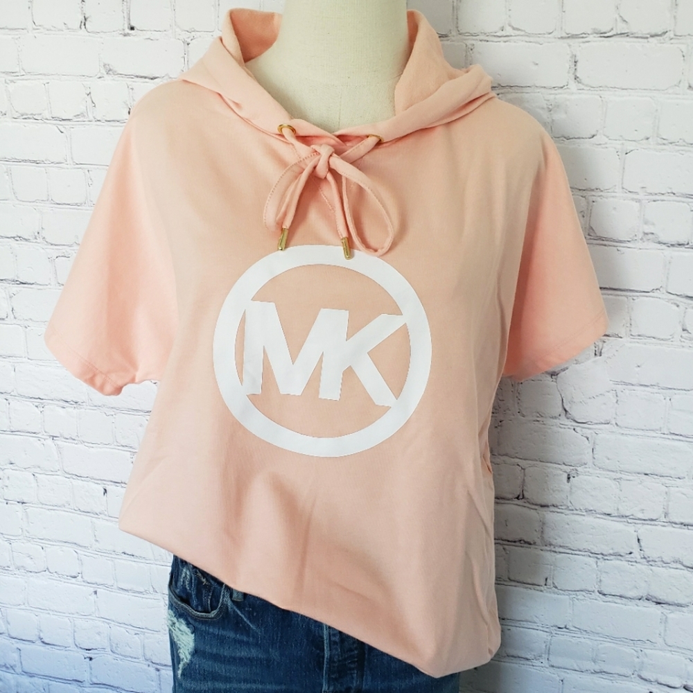 MICHAEL KORS Short Sleeve Dusty Coral Logo Hooded Sweatshirt--NWT--L - Picture 4 of 16